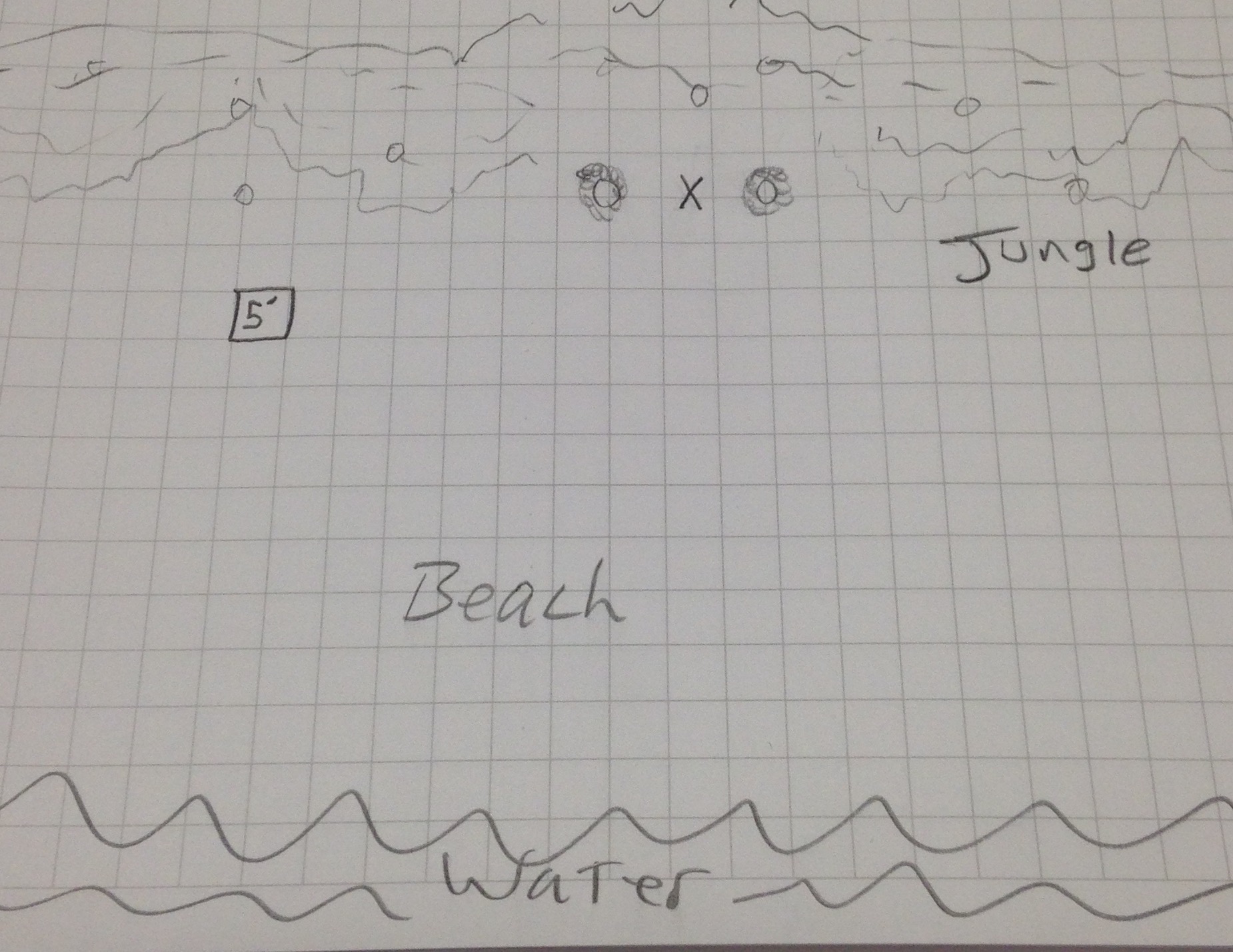 The X is the danger zone where the log spear will fall. The two fuzzy circles are the trees that the ropes are slung from. The traps clearing is fairly small with jungle forest around it on 3 sides. The circles are large tree trunks if anyone is inclined to use them to hide behind.