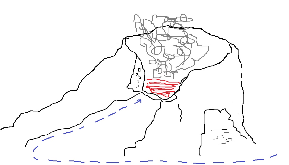 A rough view of the mountain from the northwest. The blue dotted line is the general course the party followed.